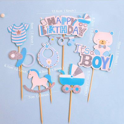 7 db babakocsi fiú lány cupcake topper Boldog születésnapi tortaválasztás az 1. születésnapra Nemek feltárása Baby Shower Party dekoráció