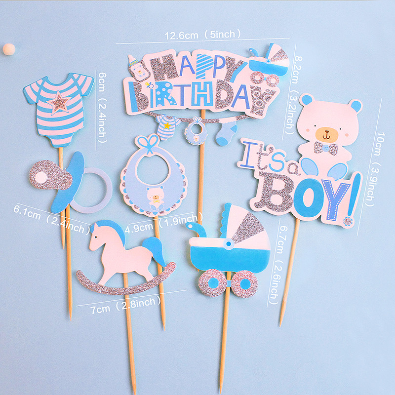 7 db babakocsi fiú lány cupcake topper Boldog születésnapi tortaválasztás az 1. születésnapra Nemek feltárása Baby Shower Party dekoráció