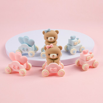 Pink Blue Teddy Bear Cake Topper Bear Train Doll Ornament Baby Boy Girl One 1st Birthday Cupcake Topper Baby Bear Theme Decor