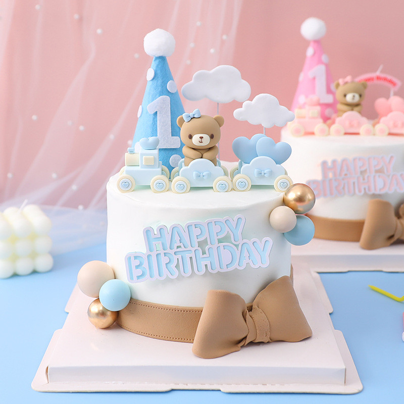Rožinis mėlynas meškiuko pyragas su meškiuku, traukiniu, lėlės papuošimu, kūdikiui berniukui, mergaitei, 1-ojo gimtadienio keksiukais, meškiuko teminiu dekoru