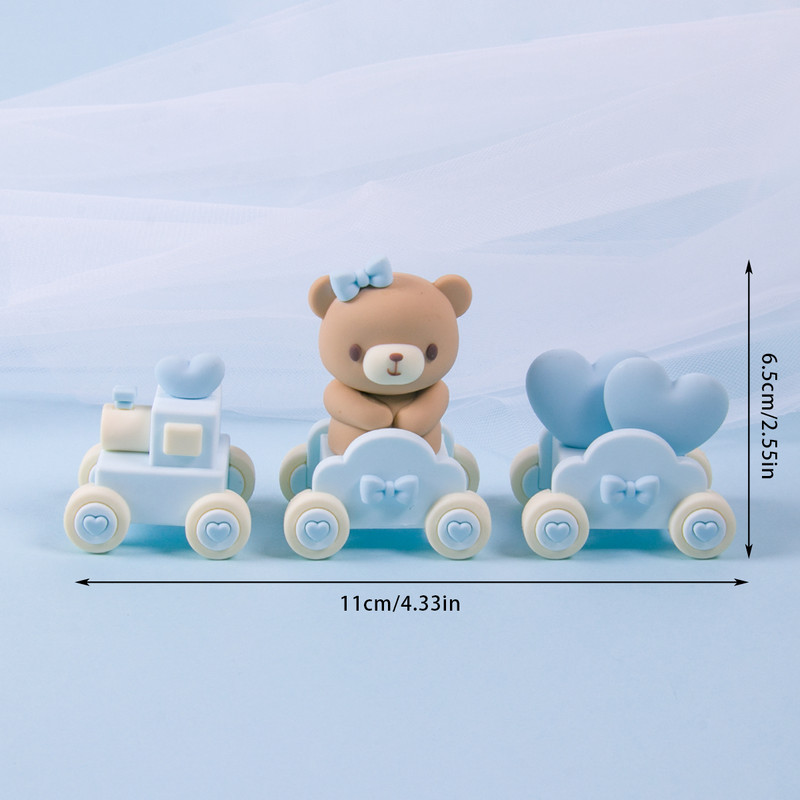 Rožinis mėlynas meškiuko pyragas su meškiuku, traukiniu, lėlės papuošimu, kūdikiui berniukui, mergaitei, 1-ojo gimtadienio keksiukais, meškiuko teminiu dekoru