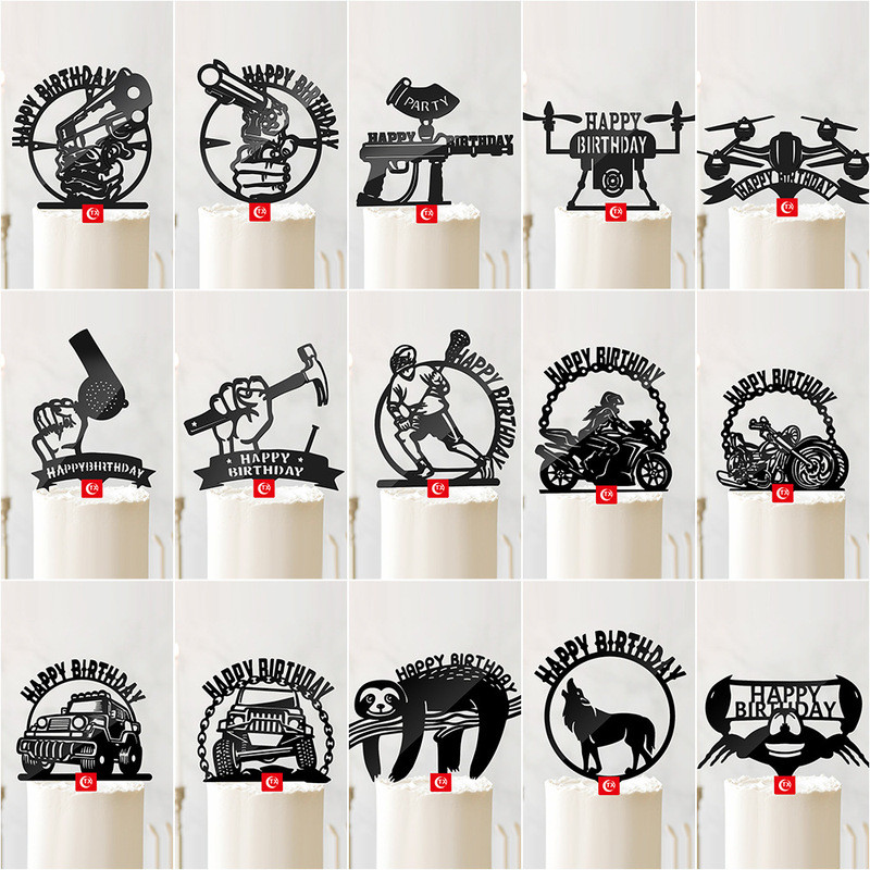 Menő motoros autó Boldog születésnapot tortafeltöltő INS Animals fekete akril tortafeltöltő gyerekeknek születésnapi tortadíszek