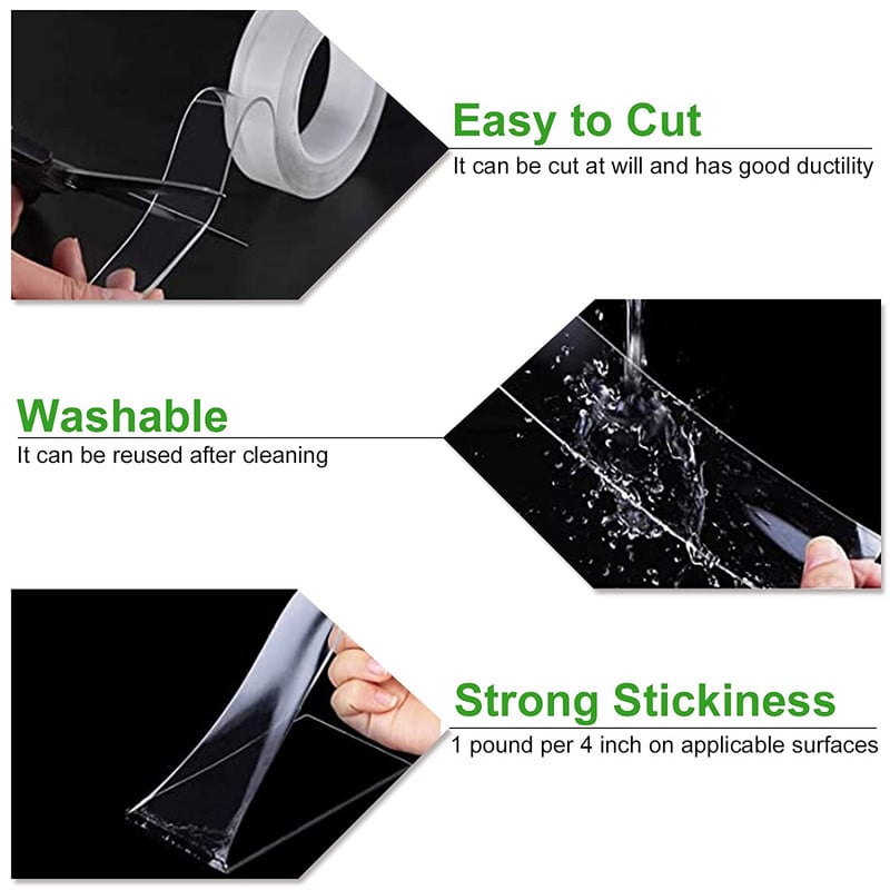 1/2/3/5M nanoteip, läbipaistev jälgedeta, korduvkasutatav kahepoolne kleeplint veekindel jäljevaba teip Puhastav kodune nanoteip