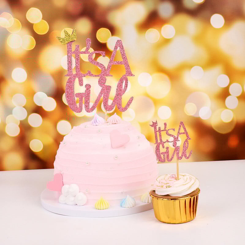 Este o fetiță sau un băiat Topper pentru tort cu sclipici, roz albastru, pentru decorarea pentru petrecerea de duș pentru copii