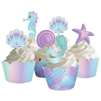Парти за рожден ден Русалка Торфи за кексчета Опаковки Let\'s Be Mermaids Baby Shower Консумативи за рожден ден Декорации за торта