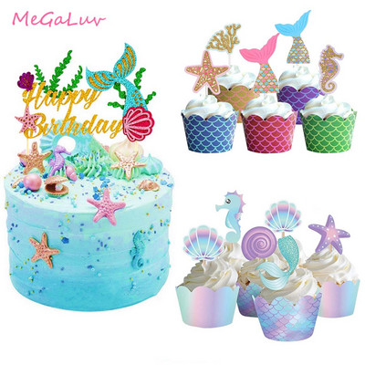 Cupcake Toppers pentru petrecere cu sirenă de ziua de naștere Învelișuri Let`s Be Mermaids Baby Shower Rechizite pentru petrecerea de aniversare Decoratiuni pentru tort