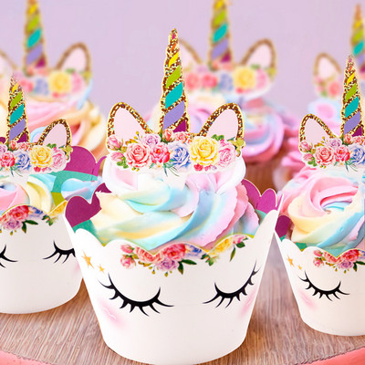 Învelișuri pentru cupcake cu unicorn curcubeu Topper pentru tort pentru petrecere de aniversare, instrumente pentru decorațiuni pentru tort, pentru baby Shower, pentru festival, rechizite pentru petrecere cu unicorn