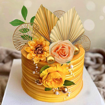 Boho Flower Cake Topper Set Златни палмови листа с изкуствена роза за рожден ден Сватба Baby Shower Тематични парти консумативи