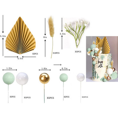Boho gėlių torto viršaus rinkinys Auksinis palmės lapas su dirbtine rože, skirtas gimtadienio vakarėliui, vestuvėms, kūdikių vakarėliui, teminiams vakarėliams