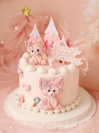 Прекрасна розова лисица Животни Покрития за торта за торта за рожден ден на момиче Парти за деня на детето Бебе Честит рожден ден Консумативи Прекрасни подаръци