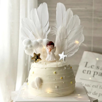 1Pcs Sweet Angel Wing Happy Birthday Cake Toppers White Swan Feather Cake Flag Toppers For Baby Shower Kids Birthday Cake Decor