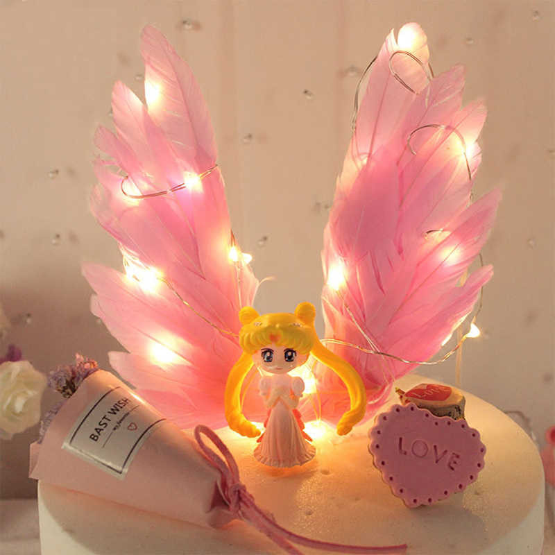 1db Sweet Angel Wing Boldog születésnapi tortafeltétek Fehér hattyútollas tortazászló tetők babazuhanyhoz gyerekek születésnapi torta dekoráció