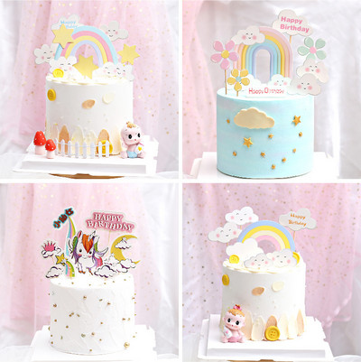 7 bucăți de hârtie creativă cu unicorn pentru tort La mulți ani pentru ziua de naștere a unei fete Baby Shower Curcubeu Coroană Lună Nori Unicorn Party