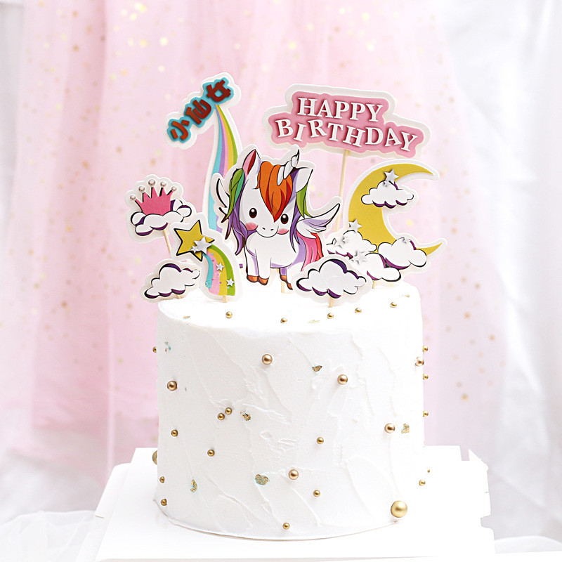 7 bucăți de hârtie creativă cu unicorn pentru tort La mulți ani pentru ziua de naștere a unei fete Baby Shower Curcubeu Coroană Lună Nori Unicorn Party