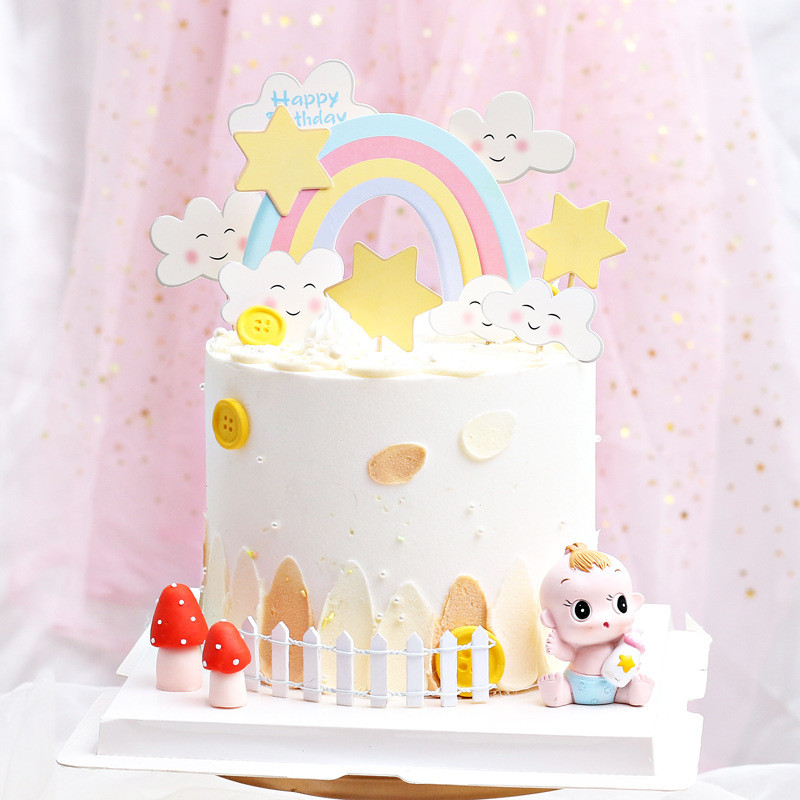 7 bucăți de hârtie creativă cu unicorn pentru tort La mulți ani pentru ziua de naștere a unei fete Baby Shower Curcubeu Coroană Lună Nori Unicorn Party