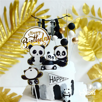 Ins Panda Cake Toppers Честит рожден ден за Деня на детето Момче Момиче Парти консумативи Печене Сладки подаръци Декорация от листа от бамбукова костенурка