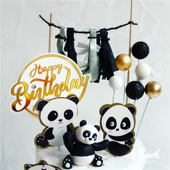 Ins Panda Cake Toppers Честит рожден ден за Деня на детето Момче Момиче Парти консумативи Печене Сладки подаръци Декорация от листа от бамбукова костенурка