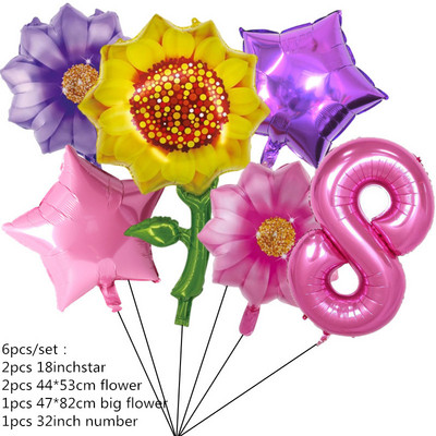 6 τμχ Ηλίανθος λουλούδι Αλουμινόχαρτο Globe Ροζ Αριθμός Δώρα Μπαλόνι για Κορίτσια Διακόσμηση πάρτι γενεθλίων Διακόσμηση ντουζιέρας γάμου