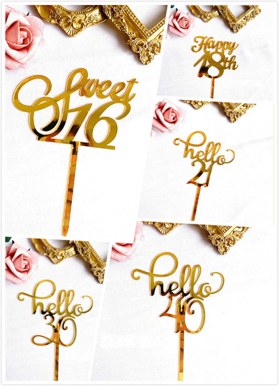 New Gold Acrilic Sweet16 20th 30th 40th Special Age Birthday Party Decoration Supplies Topper pentru tort La mulți ani