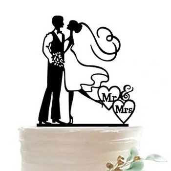 Нов MR&MRS Happy Wedding Cake Topper Златен черен акрилен пръстен Groom Bride Cake Topper Wedding Engagement Party Dessert Decoration