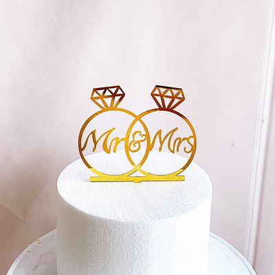 Naujas „MR&MRS Happy Wedding Cake Topper“ auksinis juodas akrilo žiedas „Jaunikio nuotakos torto viršelis“ vestuvių sužadėtuvių vakarėlio deserto dekoravimas