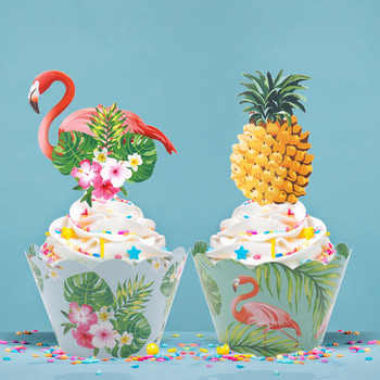 24Pcs Flamingo Cupcake Wrappers Pineapple Flamingo Cupcake Cake Toppers Set for Kids Birthday Tropical Hawaiian Pool Party Suppl