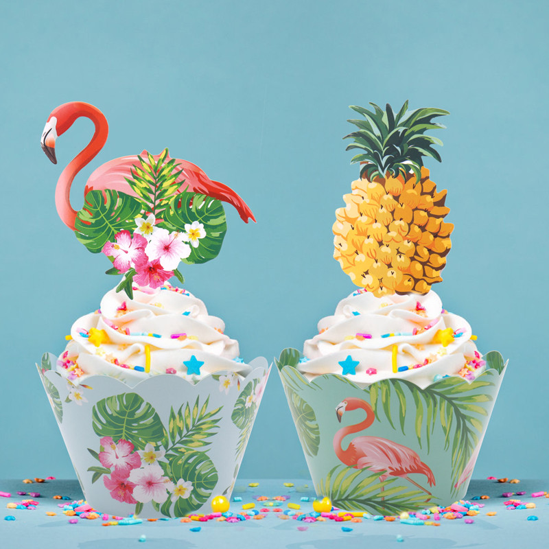 24 db Flamingo Cupcake Burkolat Ananászos Flamingo Cupcake Tortafóliák Gyerekeknek Születésnapi Tropical Hawaii Pool Party kellékek