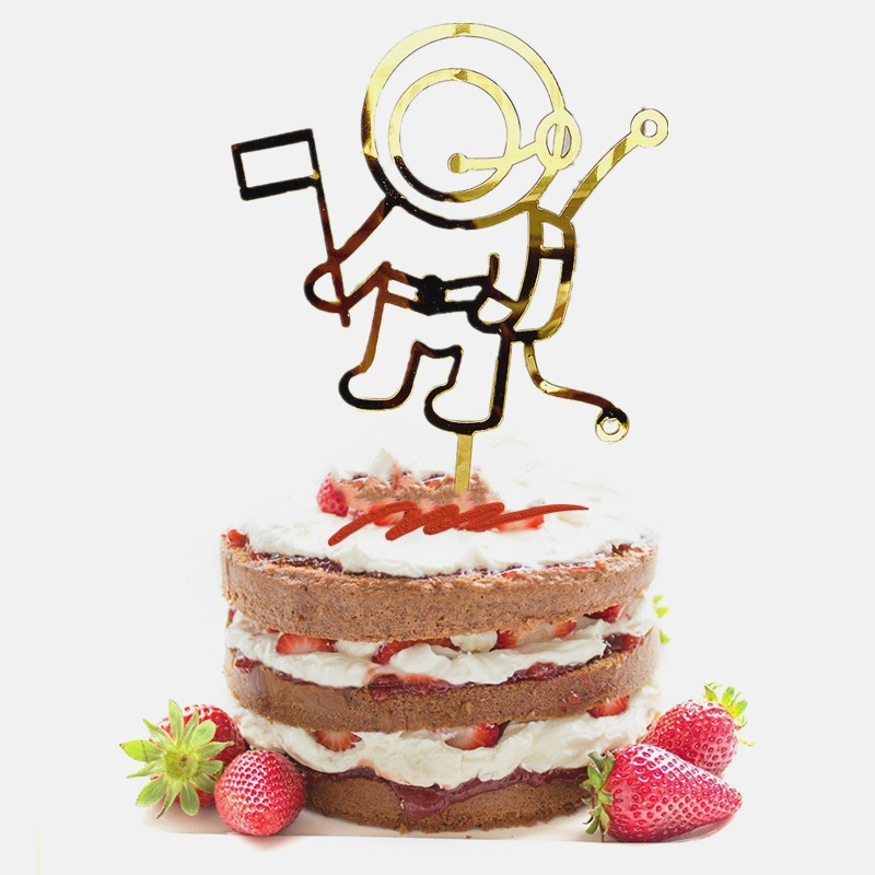 Nauji animaciniai filmukai su gimtadieniu torto apmušalai Astronaut Auksiniai akriliniai vaikų gimtadienio tortų tvarsčiai, skirti Baby Shower Party desertui dekoruoti