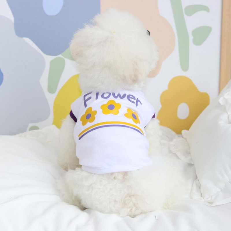 Vestă pentru animale de companie, imprimare cu flori, decolteu rotund, respirabil, costum de vară pentru animale de companie