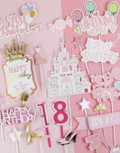 Rózsaszín lányok születésnapi parti dekoráció hercegnő torta teteje kastély léggömbök felhő cukorka szivárvány papír kártya sütéshez desszert kellékek