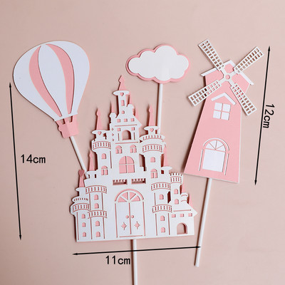 Rózsaszín lányok születésnapi parti dekoráció hercegnő torta teteje kastély léggömbök felhő cukorka szivárvány papír kártya sütéshez desszert kellékek