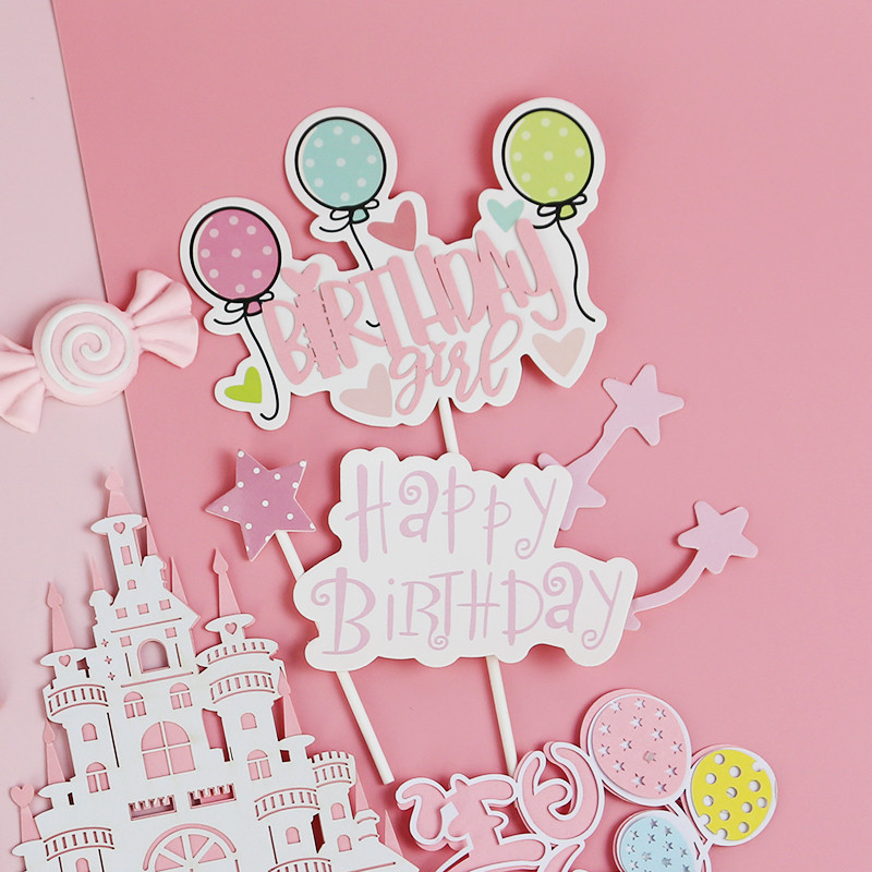 Rózsaszín lányok születésnapi parti dekoráció hercegnő torta teteje kastély léggömbök felhő cukorka szivárvány papír kártya sütéshez desszert kellékek
