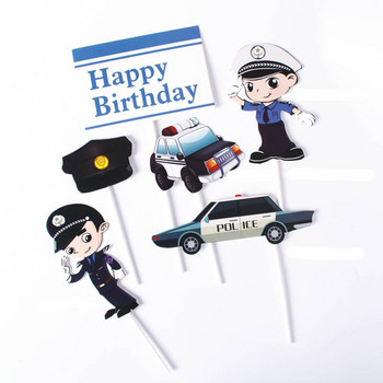 Boys Happy Birthday Cake Topper Полицейска кола Anniversaire Decorationg Flag Party Направи си сам Консумативи за печене Cupcake Toppers Baby Shower