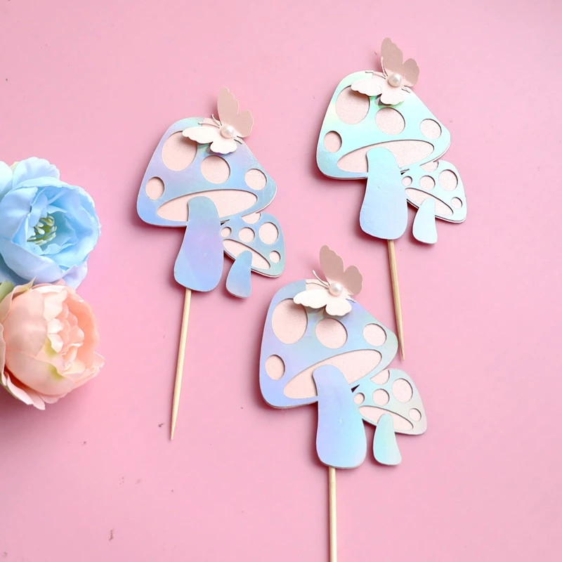 9 vnt Gimtadienio torto įdėklas Gimtadienio torto dekoravimo popierius Rožinė fėja grybų perlų drugelių fėja