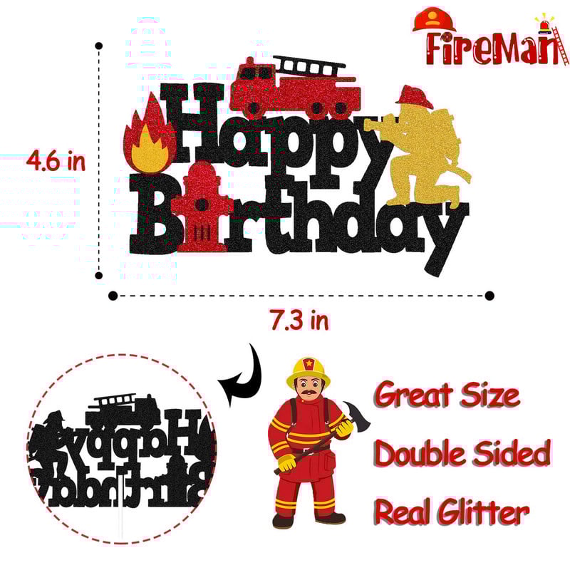 Topper pentru tort pentru ziua de naștere a pompierului. Accesorii pentru petreceri tematice pentru pompieri. Decorare pentru tort, la mulți ani, Cadouri pentru copii