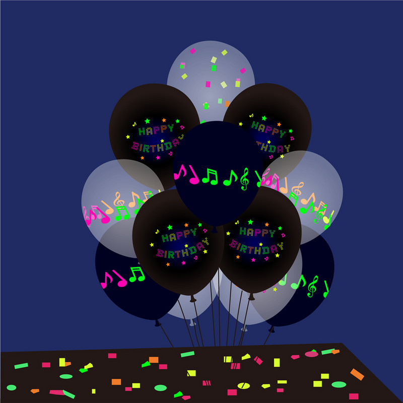 10 vnt 12 colių juodas skaidrus šviečiantis muzikinis tonas balionas vakarėliui, gimtadienio natos aliuminio folijos balionas aktyviam vakarėliui