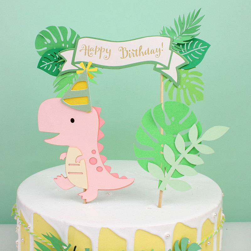 Mielas dinozaurų žalių lapų torto viršaus kortelės įterpimas Vaikų diena Su gimtadieniu Žalių lapų vėliava Gimtadienio vakarėlio dekoracijos