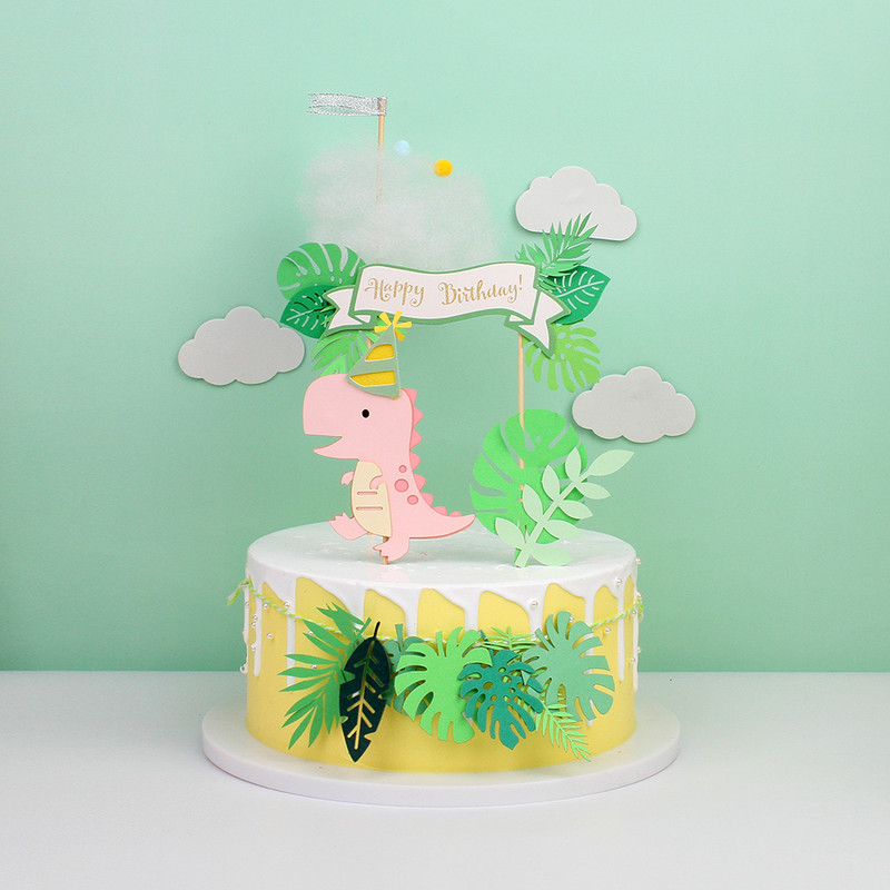 Mielas dinozaurų žalių lapų torto viršaus kortelės įterpimas Vaikų diena Su gimtadieniu Žalių lapų vėliava Gimtadienio vakarėlio dekoracijos