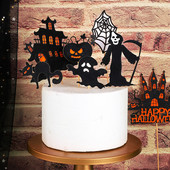 Castle Halloween Cake Dekoráció Pókháló Boldog Halloween Party Cake Topper Macska Szellem Sarló Boszorkány Desszert Tök Jel DIY