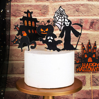 Castel Decorat pentru tort de Halloween Pânză de păianjen Happy Halloween Party Cake Topper Pisica Fantomă Seceră Vrăjitoare Desert Dovleac semn DIY