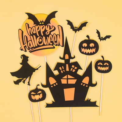 Castle Halloween Cake Dekoráció Pókháló Boldog Halloween Party Cake Topper Macska Szellem Sarló Boszorkány Desszert Tök Jel DIY