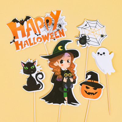Castle Halloween Cake Dekoráció Pókháló Boldog Halloween Party Cake Topper Macska Szellem Sarló Boszorkány Desszert Tök Jel DIY