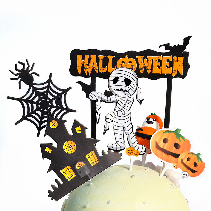 Castle Halloween Cake Dekoráció Pókháló Boldog Halloween Party Cake Topper Macska Szellem Sarló Boszorkány Desszert Tök Jel DIY