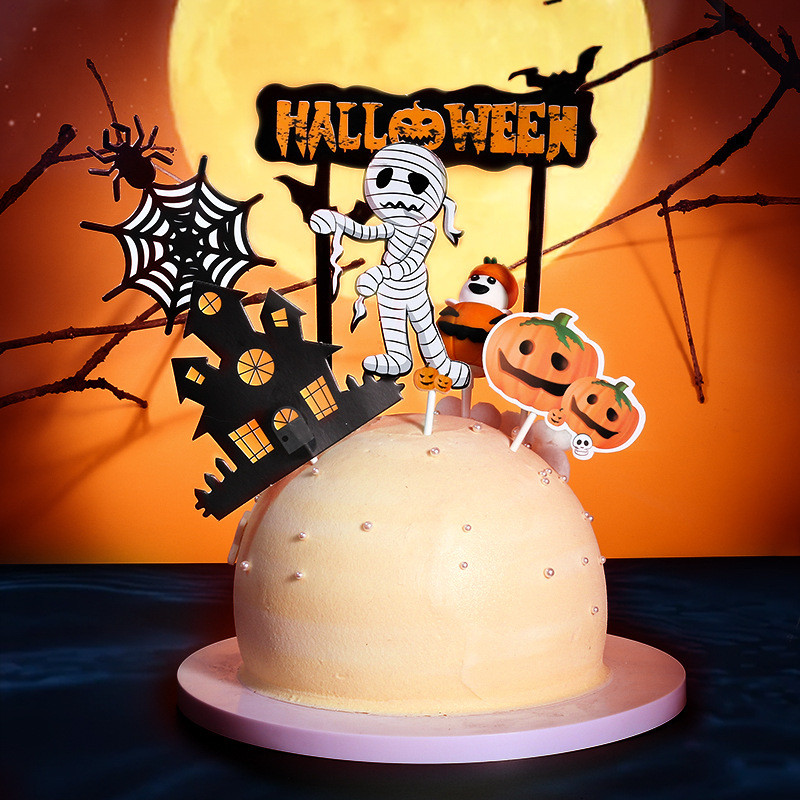 Castle Halloween Cake Dekoráció Pókháló Boldog Halloween Party Cake Topper Macska Szellem Sarló Boszorkány Desszert Tök Jel DIY