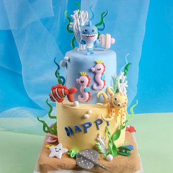 Под морето Топпер за торта с животни, кит, рак, акула, декор за торта с риба, декор за парти с русалка, декор за 1-ви рожден ден, сувенири за бебета