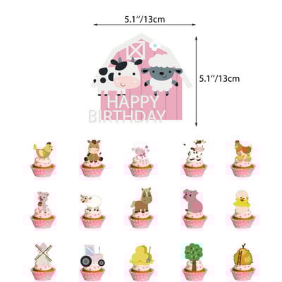 Decoratune pentru tort cu animale de fermă, pui roz, porc, cal, vacă, pentru aniversare, pentru cupcake, pentru baby shower, hambar, consumabile tematice pentru petreceri