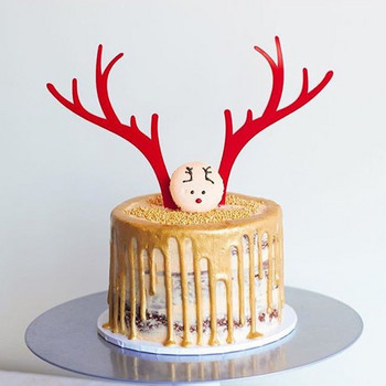 2 БР. Весела Коледа Акрилен златен топер за торта Елен Елк рога Акрилен топер за кексчета за парти декорации за торти Коледа 2021 г.