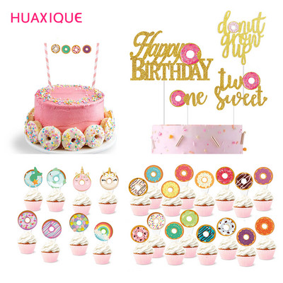 Üks kaheaastane palju õnne sünnipäevaks Glitter Gold Donut Grow UP koogitops Magusad sõõrikud koogikatted Beebiõhtu peotarbed