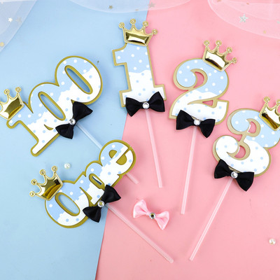 Număr Coroană Papion Diamante Nou-Născut Baby Tort Topper 1st 2st 3st 100 Zile Happy Birthday Tort Topper Copii Cadouri Rechizite pentru petreceri