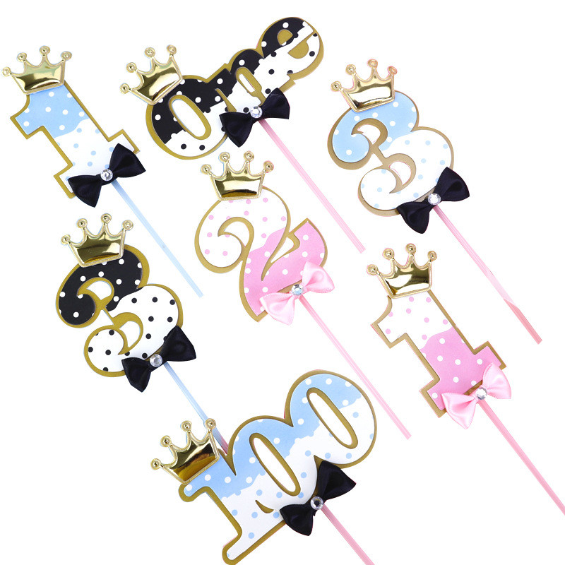 Szám korona csokornyakkendő gyémánt újszülött baba tortafedő 1. 2. 3. 100 nap Boldog születésnapot tortafedő gyerekeknek ajándék parti kellékek